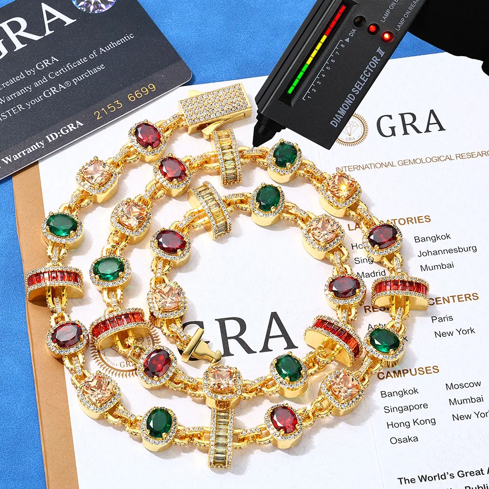 ESKEEM 15mm New Arrival Hip Hop Necklace 925 Silver Platinum Geometric Chain Colorful CZ White VVS Moissanite Jewelry