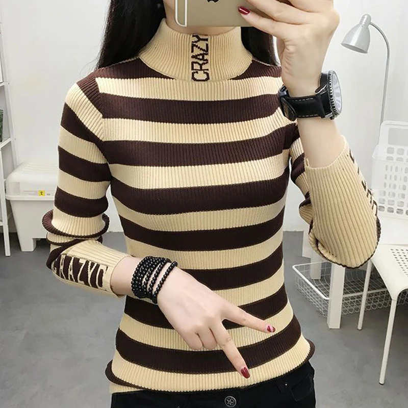 2023 Autumn Winter Women\'s Korean Fashion Striped Slim Basic Knitwear Female Half High Collar Long Sleeve Pullover Tops Jumpers