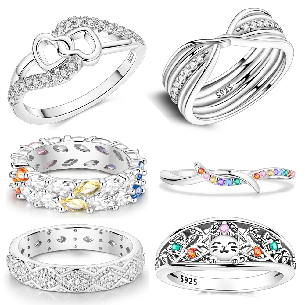 Valentine's Day Series 925 Sterling Silver Colorful Zirconia Cat&Heart shaped Wrapping Ring Date Confession Gift Jewelry