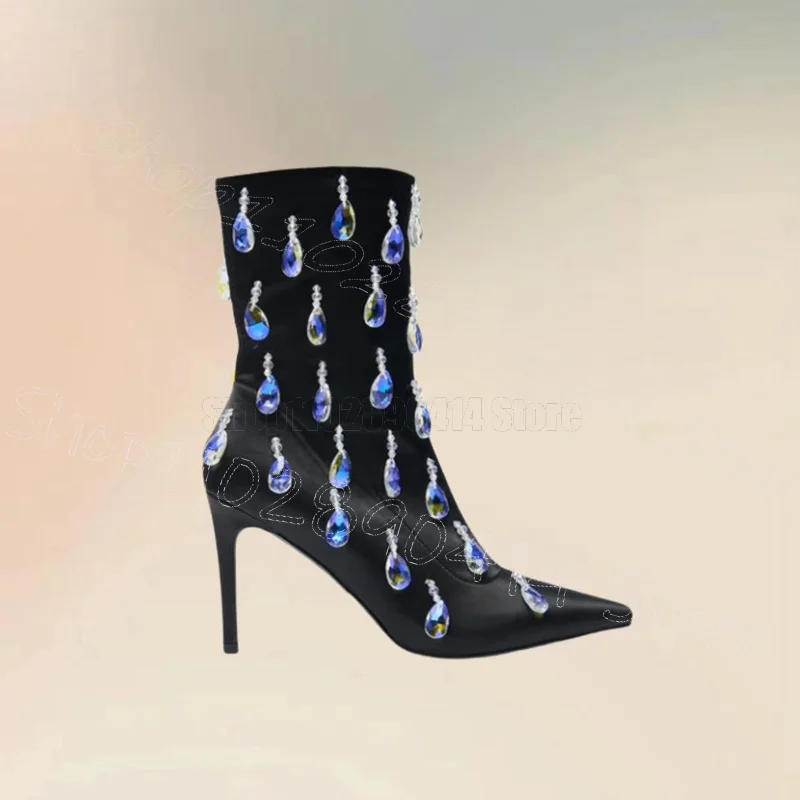 

Crystal Pendant Black Silk Pointed Toe Boots Side Zipper Women Shoes Thin High Heels Novel Party Feast 2025 Zapatos Para Mujere
