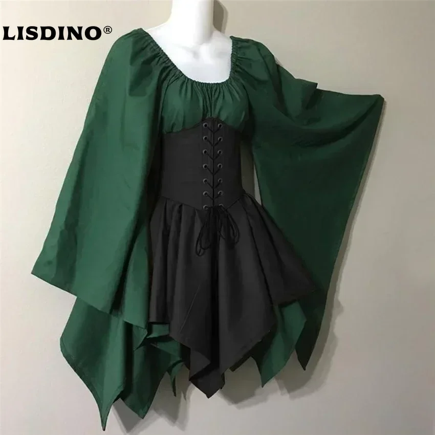 Renaissance Vintage Palace Victoria Mittelalter Kostüm Damen Halloween Cosplay Volle Ärmel Taille Bandage Patchwork Kleid Party
