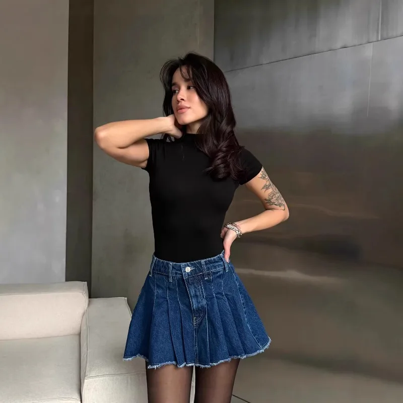Cross-border High-waisted Pleated Denim Skirt Spring New Style Flattering and Slimming Trendy Brand Tight-fitting Skirt Women