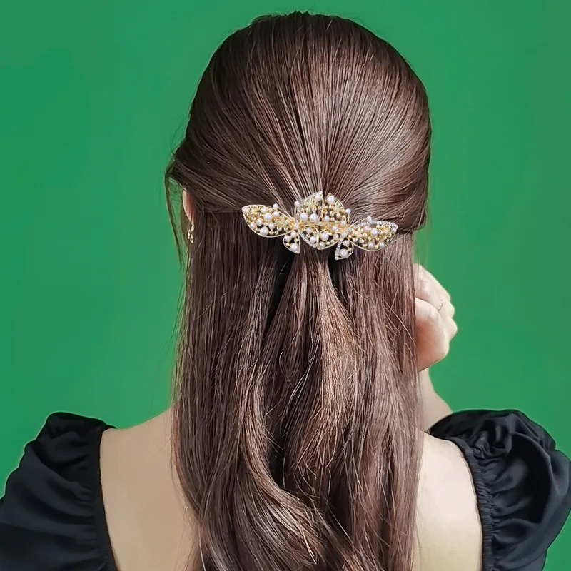 Korean version pearl bow rhinestone spring hair clip top clip horizontal clip elegant temperament mom fashion hair accessories