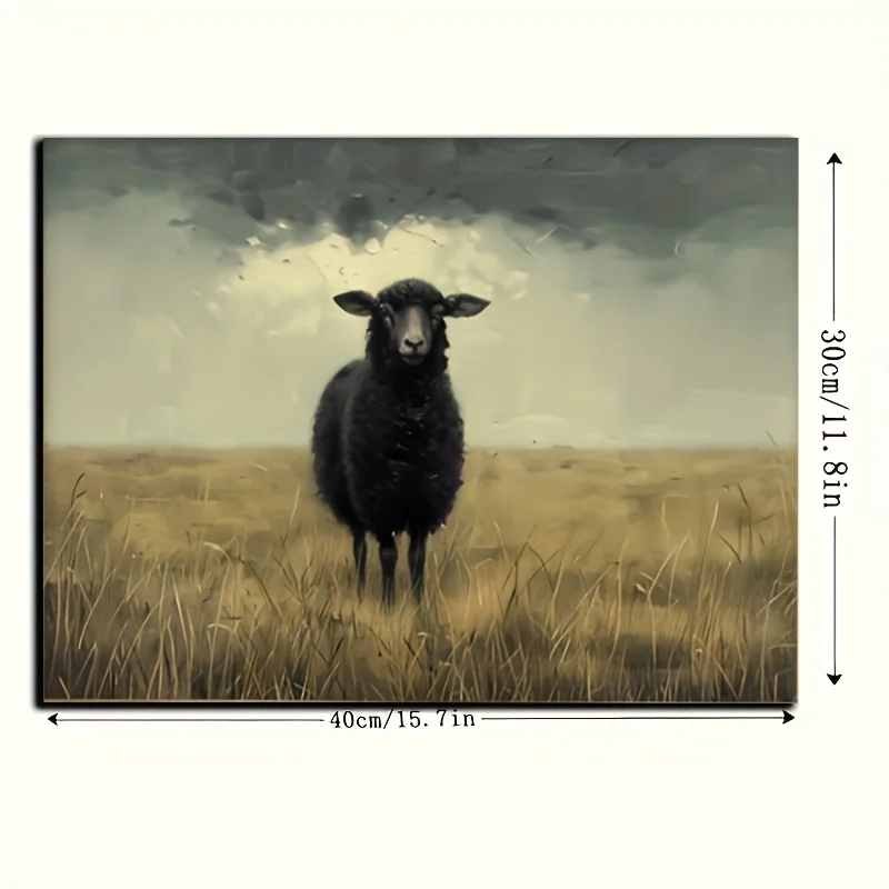 2D Flat, 2D Flat, Charming Vintage Black Sheep Canvas Art French Country Cottage Decor, Living Room Wall Oil Painting Style H