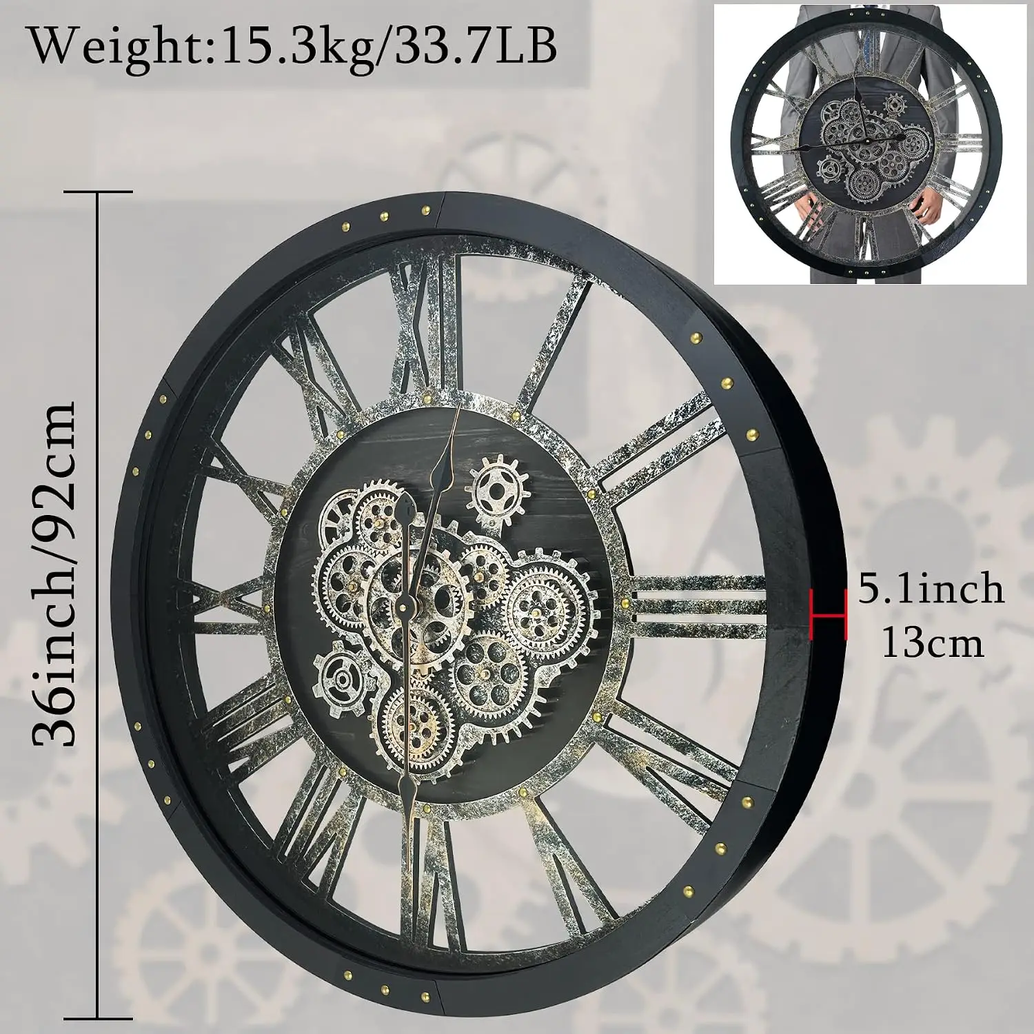 36 Inch Moving Gear Wall Clock, Oversized Wall Clocks, Clock Living Room Decor, Solid Wood Frame, Battery Operated, Large Wall C