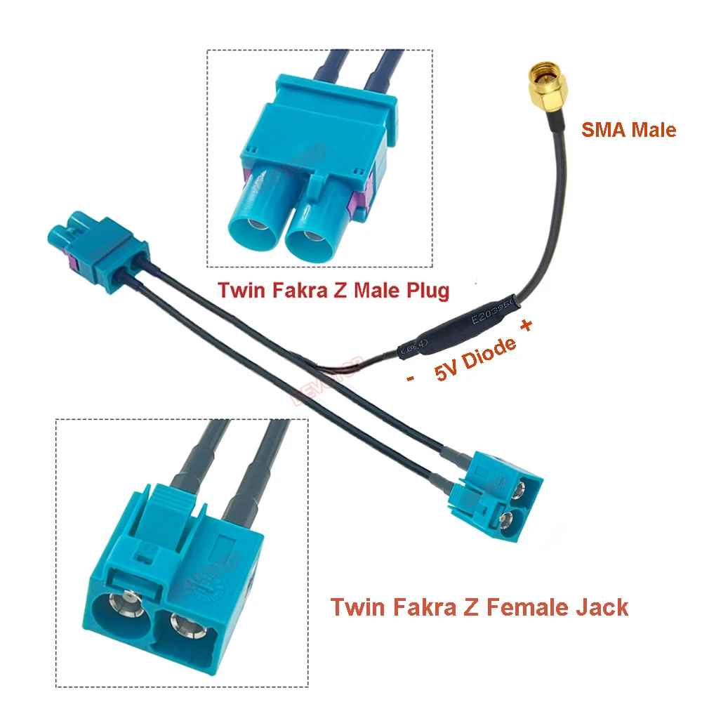 BEVOTOP Twin Fakra Z Male Female to SMA Male Splitter cables With Diode Custom-made RF Coaxial Cable Jumper