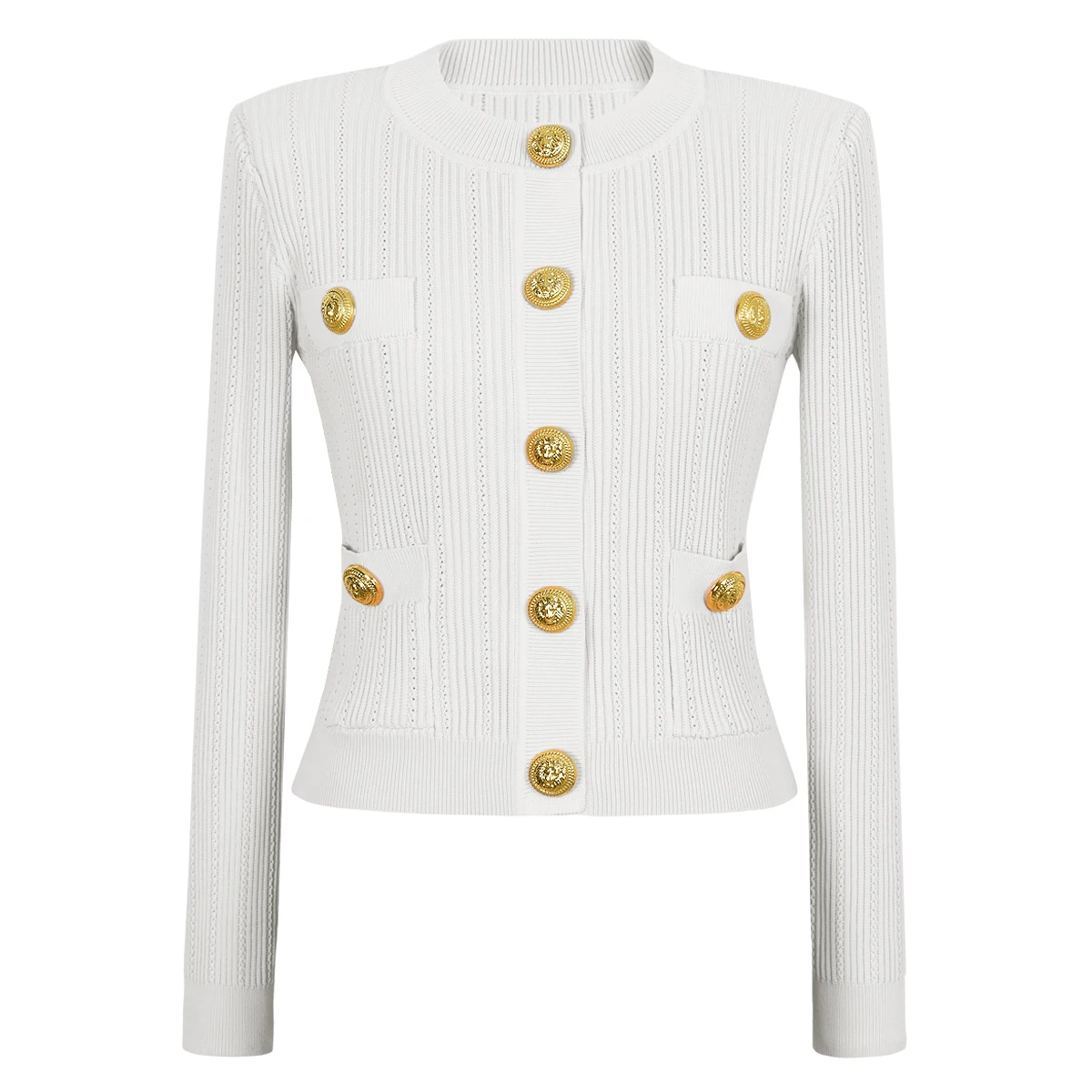 

Spring And Summer New Fashion Commuting Socialite Women's Knitted Metal Buckle Versatile Round Neck Long Sleeved Cardigan Top