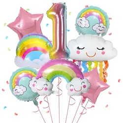 8pcs Rainbow Smile Cloud Balloon 32 inch Gradient Number Foil Balloons 1-9 Year Old Kids Birthday Party Decors Baby Anniversary