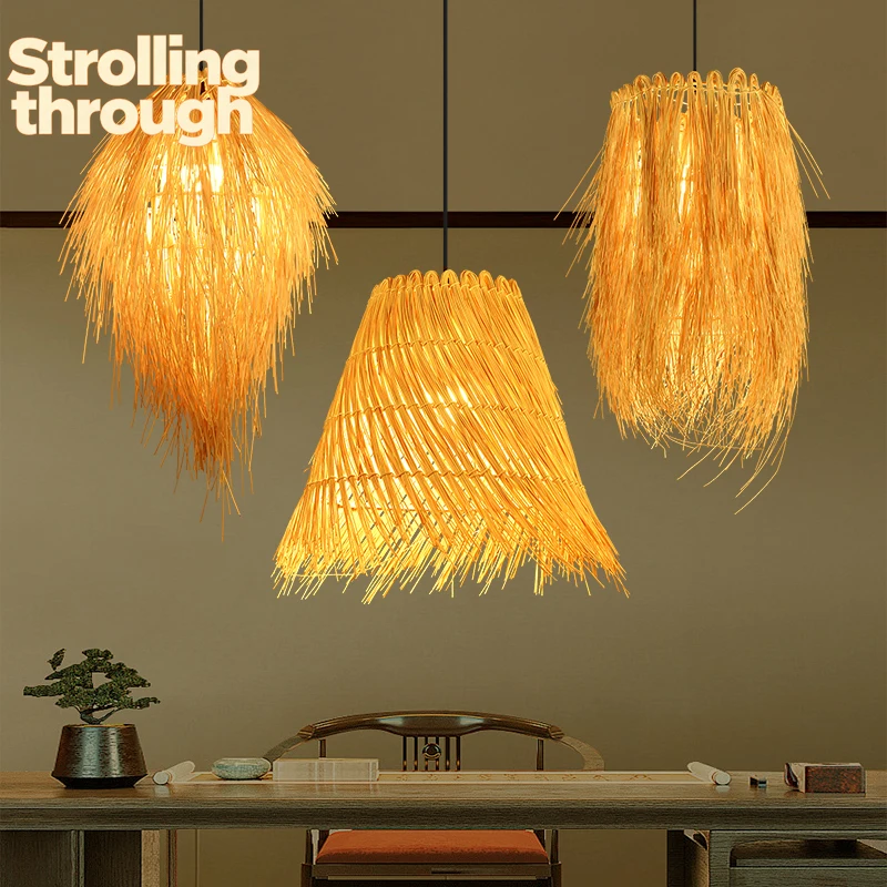 

Creative rattan chandelier hand woven round bird's nest straw hat personality pastoral hotel restaurant agritainment bamboo lamp