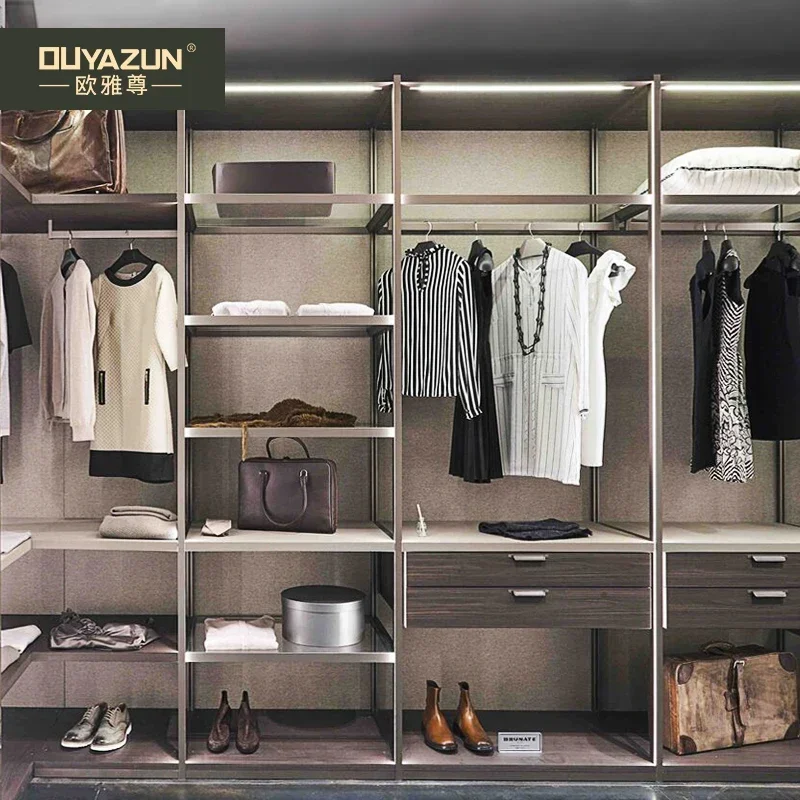 Wardrobe bedroom light luxury closet cabinet combination open glass clothing cabinet customized throughout the house