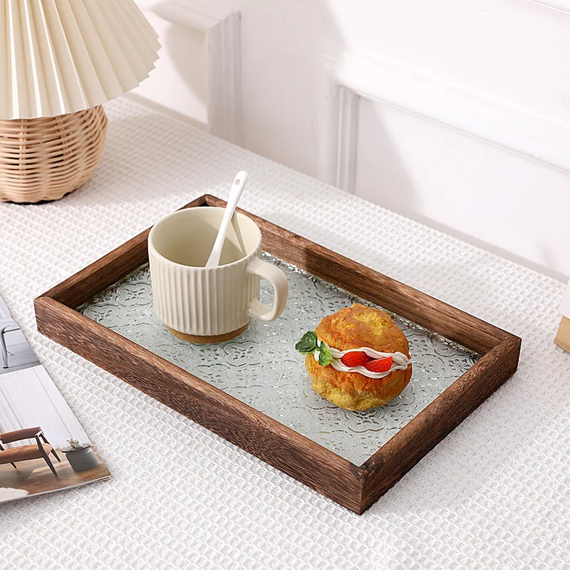 Vintage Wooden Glass Tray Begonia Embossed Tempered Tea Tray Breakfast Tray Walnut Coffee Tray Home Decor