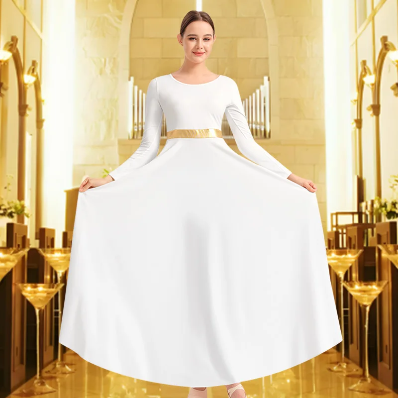 Robe de danse d'éloge pour femmes, manches longues, coupe ample, vêtements de danse d'église, métallique, pleine longueur, Costume de culte liturgique