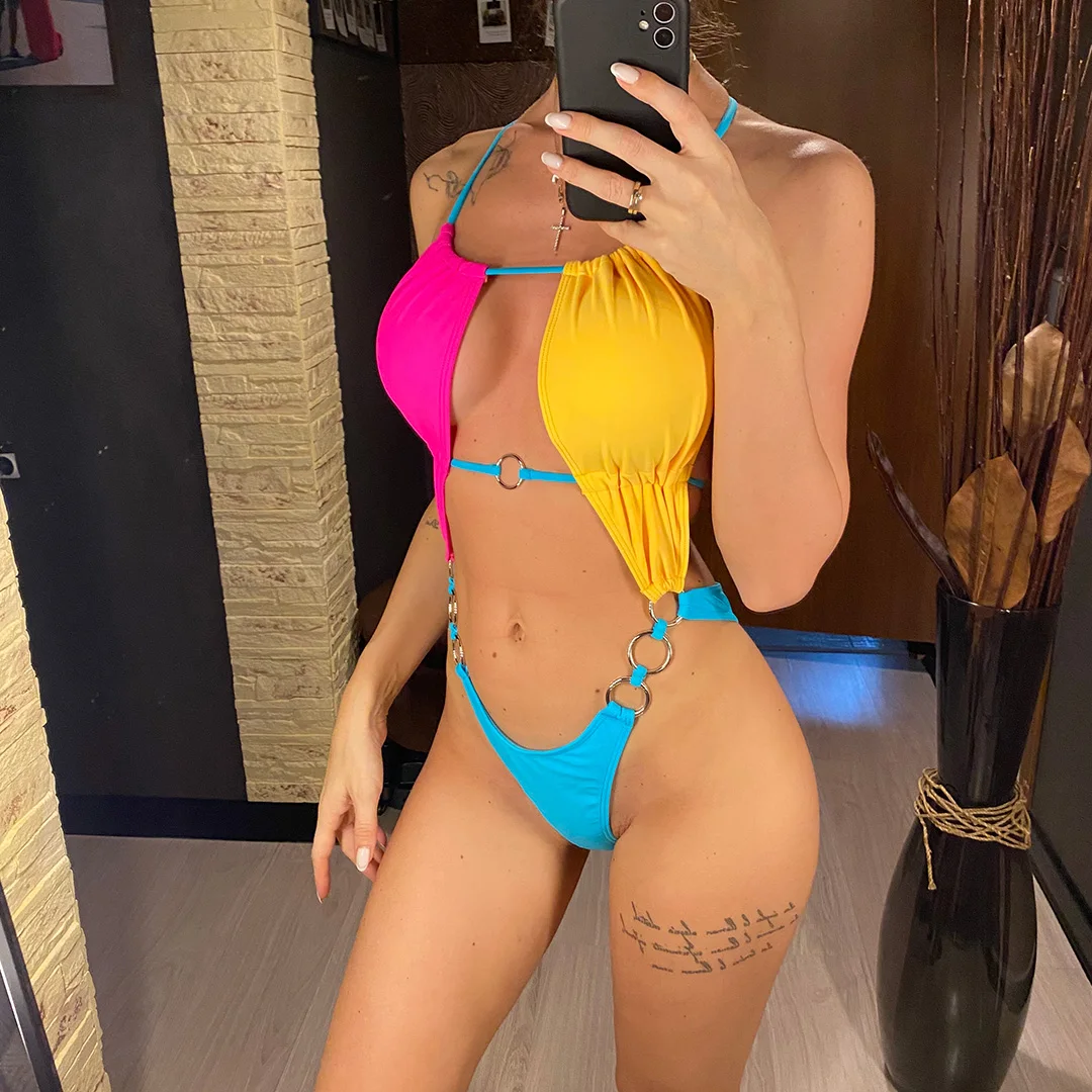 Sexy Splicing Neckholder-Badeanzug mit Ausschnitten am Rücken, Damen-Badeanzug, einteiliger Badeanzug, Monokini mit Polsterung, Badebekleidung, Badeanzug V4274 – Detail 4