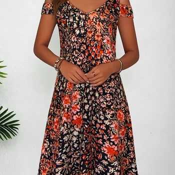 Women's Floral Print Cold Shoulder Dress Summer Casual V Neck Short Sleeve A Line Flowy Sundress,Flowy Casual Summer Sundress