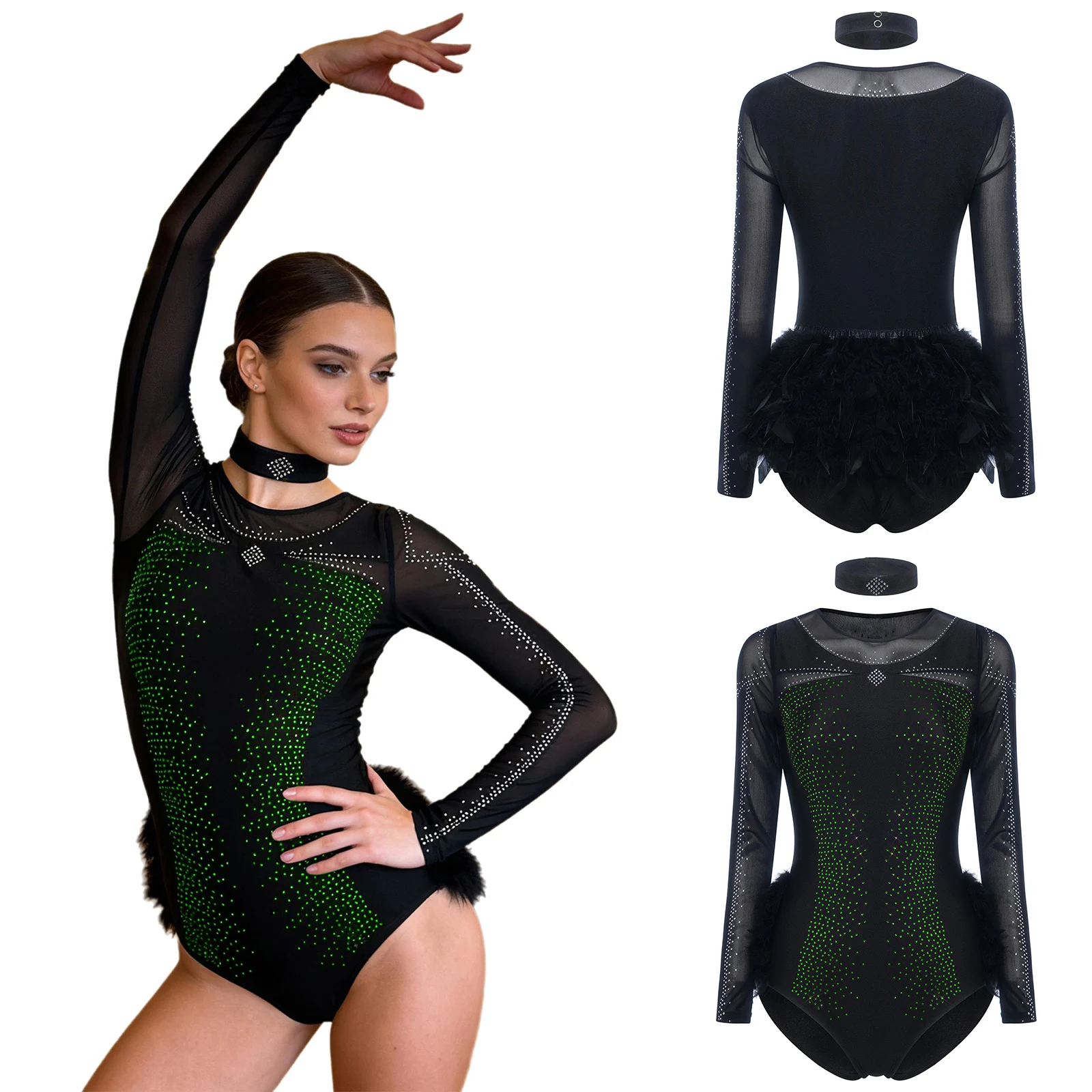 

Women Faux Feather Latin Ballet Gymnastics Bodysuits Mesh Long Sleeve Buttons Crotch Rhinestones Leotards Tango Jazz Dancewear