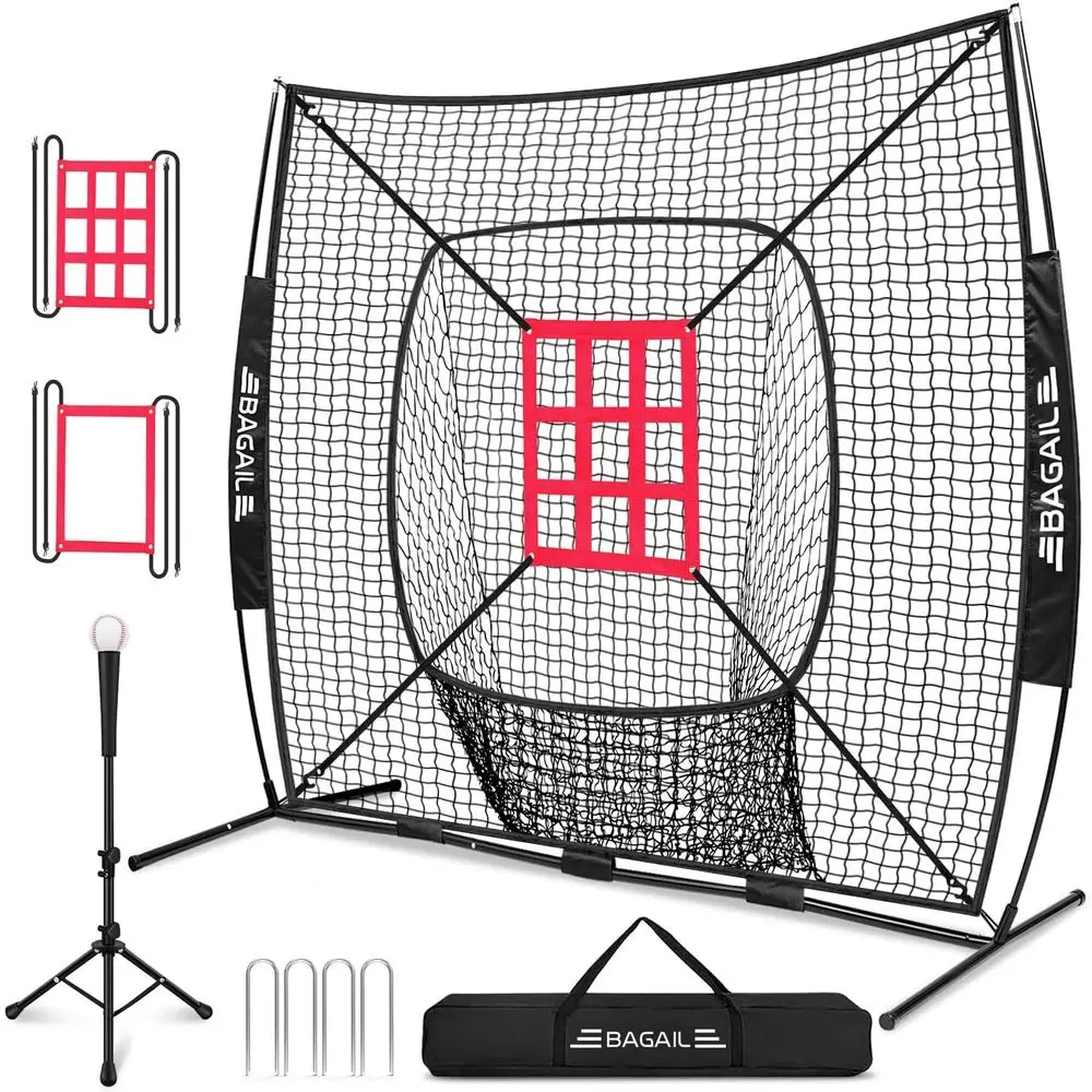 

7x7 t Extra Large Baseball & Sotball Training Net with Batting Tee, Heavy Duty Reinorced Steel e, Oversized Hitting Zone or All