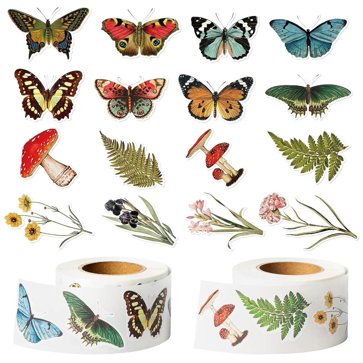 500Pcs Retro Forest Mushroom Butterfly Stickers Vintage Floral Plant Decals for Envelope Sealing Stationery DIY Decor