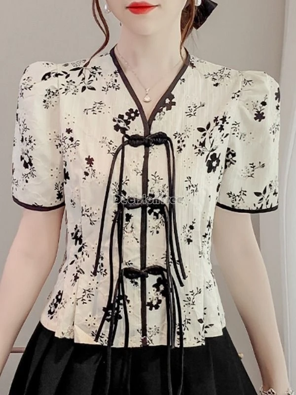 2024 chinese style improved tang suit top sexy v-neck button tassel lantern sleeve blouse elegant exquisite printing chiffon top