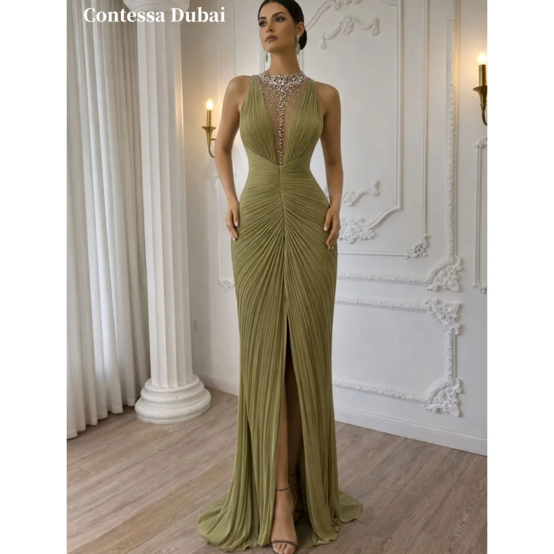 Contessa Custom V-Neck Sleeveless Prom Dresses Multilayer Pleats Vestidos De Noche Sheath Waist Cinching Formal Evening 2026