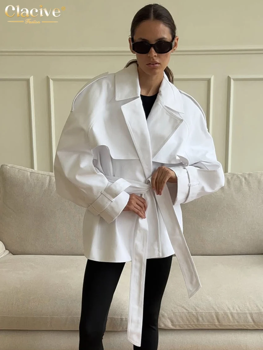 

Clacive Fashion Loose White Women's Coats 2025 Winter Lapel Long Sleeve Coat Elegant Classic Lace-Up Solid Top Female Clothing