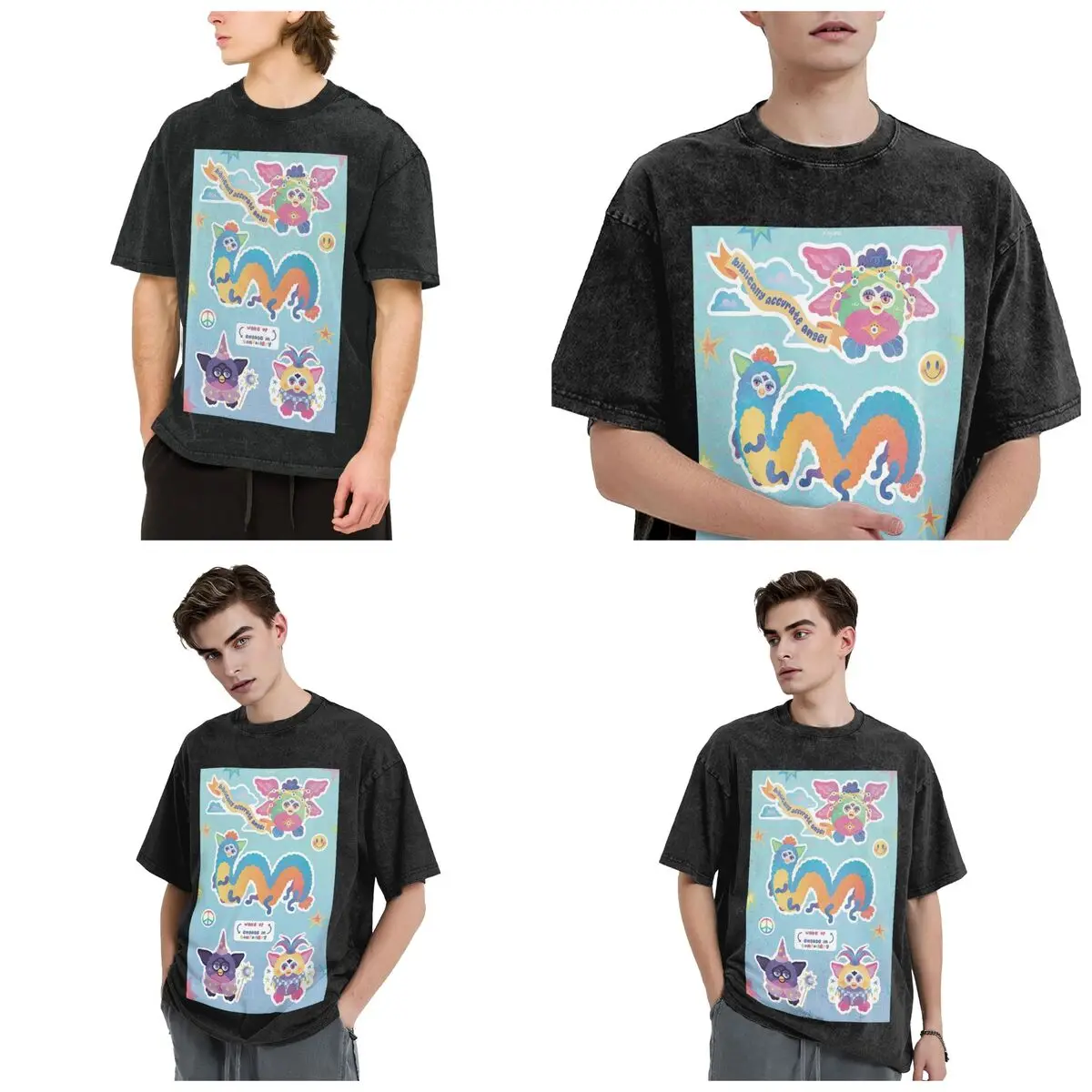 Nightmare Furby Cartoon Hip Hop Short Sleeve T-Shirts Washed Tops Tees Streetwear T Shirt Casual for Men Women
