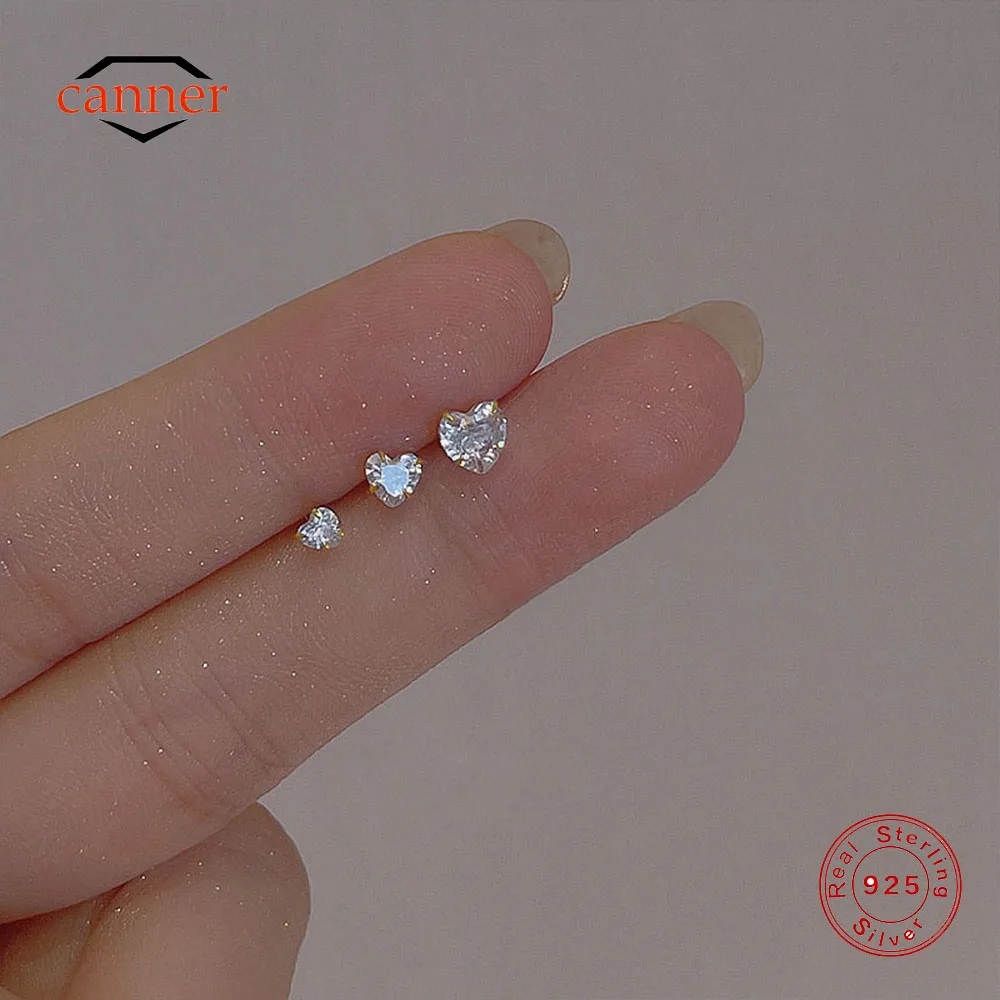 CANNER 3PCS 3/4/5mm White Colored Heart-shaped Zircon Stud Earrings For Women 925 Sterling Silver Ins Lovely Earrings Gift