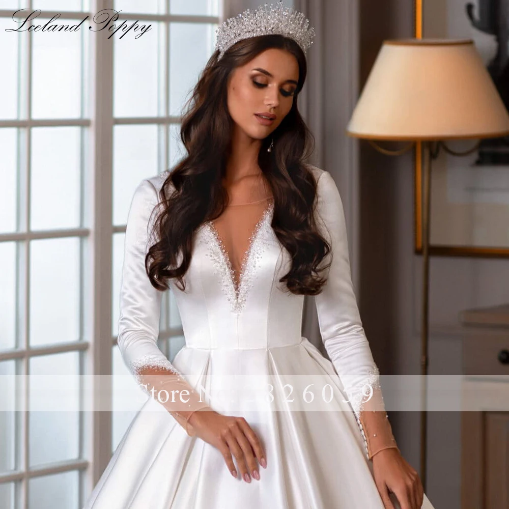 Lceland Poppy Customized A Line Scoop Neck Satin Wedding Dresses Full Sleeves Pearls Beaded V Back Bridal Gowns with Court Train