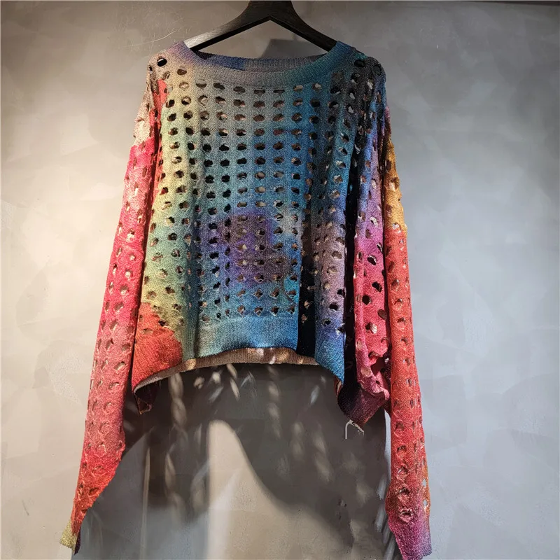 WHT Nova Moda Feminina Gradiente Oco Out Design Camiseta Solta 2025 Verão Na Moda O-pescoço Mangas Compridas Tops Feminino 1LS1692