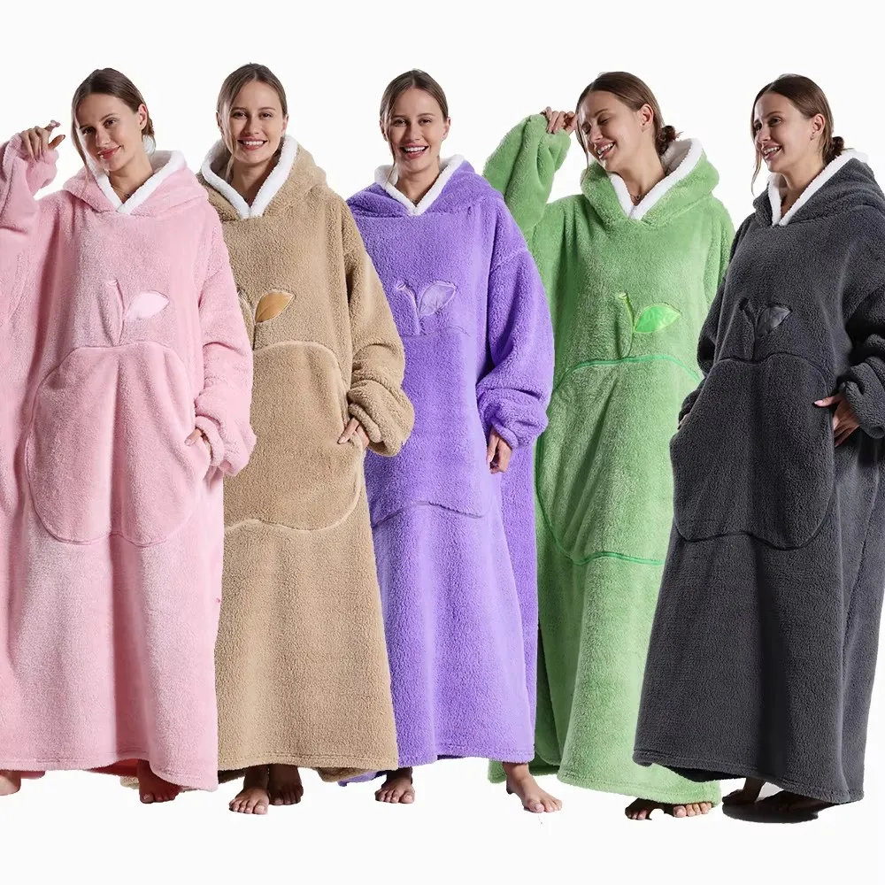 Extra Long Wearable Blankets Winter Flannel Hooded Blanket with Full Sleeves Men Women Cozy Soft Throw Adult TV Blanket