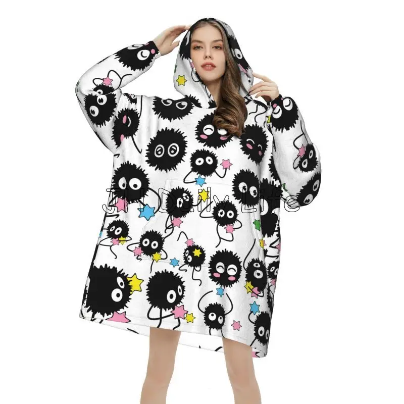 Wearable Blanket Hoodie Cute Soot Sprites Oversized Sweatshirts Blanket Warm Cozy Flannel Fleece Sherpa Blankets with Pockets