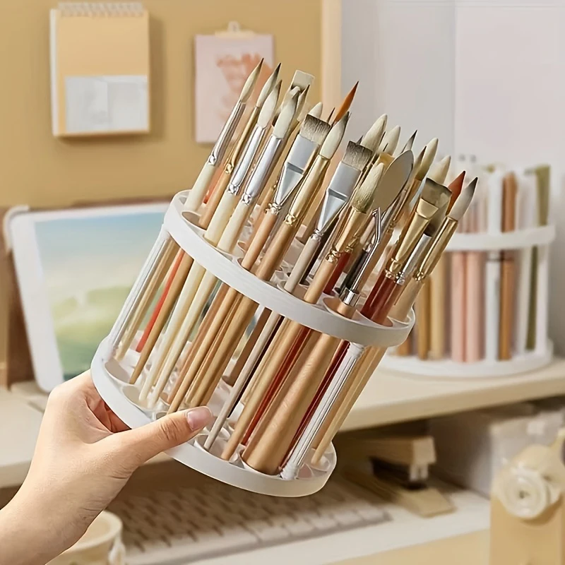 360 ° Rotierender Pinselhalter - Weißer Kunststoff-Organizer mit Glasur-Finish, platzsparendes Design für Kunstpinsel, Stifte, Make-up-Werkzeuge – Detail 6