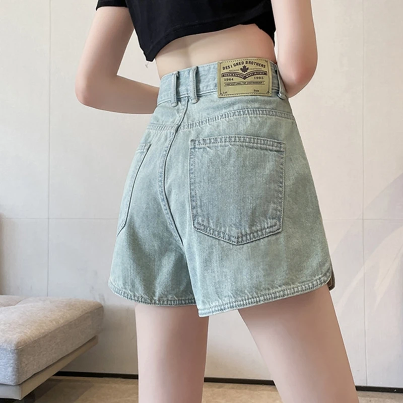 Cổ Điển Cao Tầng Quần Short Jean Có Túi Cho Nữ Ống Rộng Bên Chia Xòe MỘT Đường Rời Xanh Quần Ngắn 066C