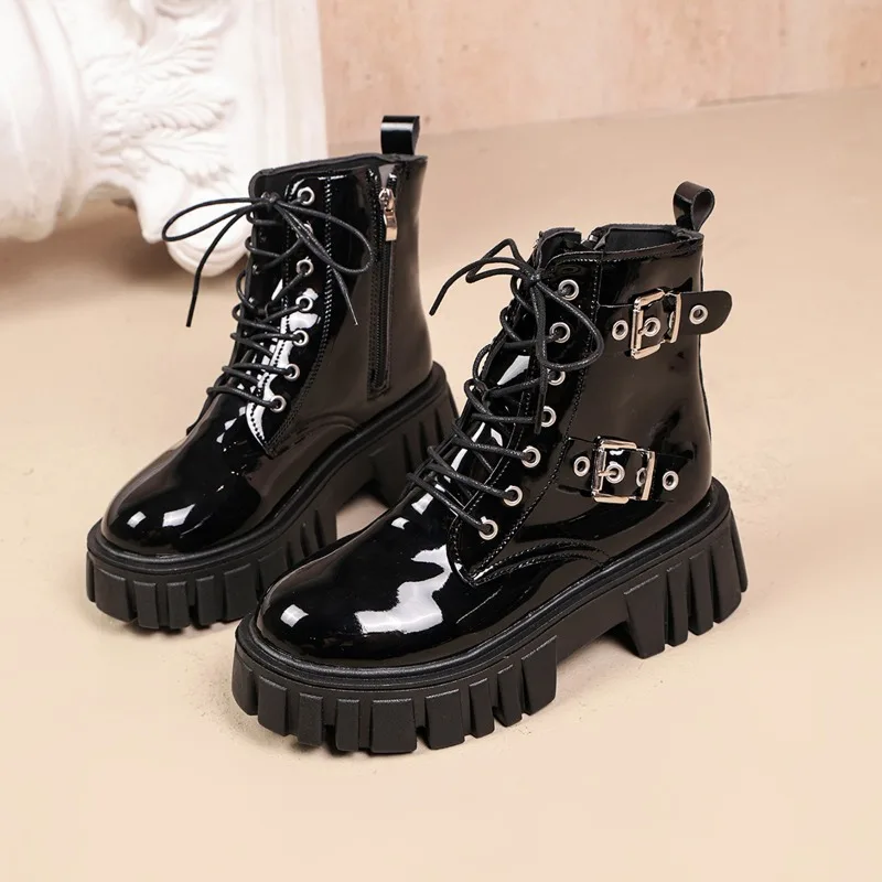 Waterproof Patent Leather Block Heel Shoes Fashion Round Toe Metal Buckle Non-slip Booties