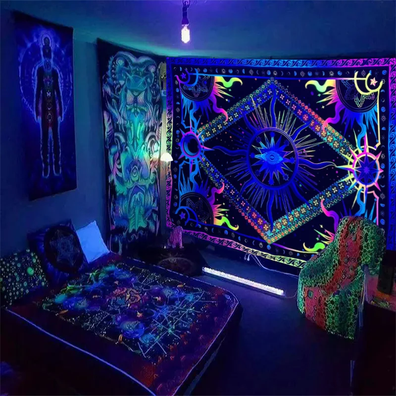 1pc fluorescente burning sun e arazzo a luce nera, arazzo geometrico in stile hippie UV, decorazione della stanza da appendere alla parete