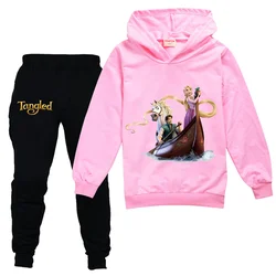 Tangled Rapunzel Princess Kids Sportswear Suits Girls Casual Thin Hoodie Black Pants Teen Chilren Outerwear Clothing Sets