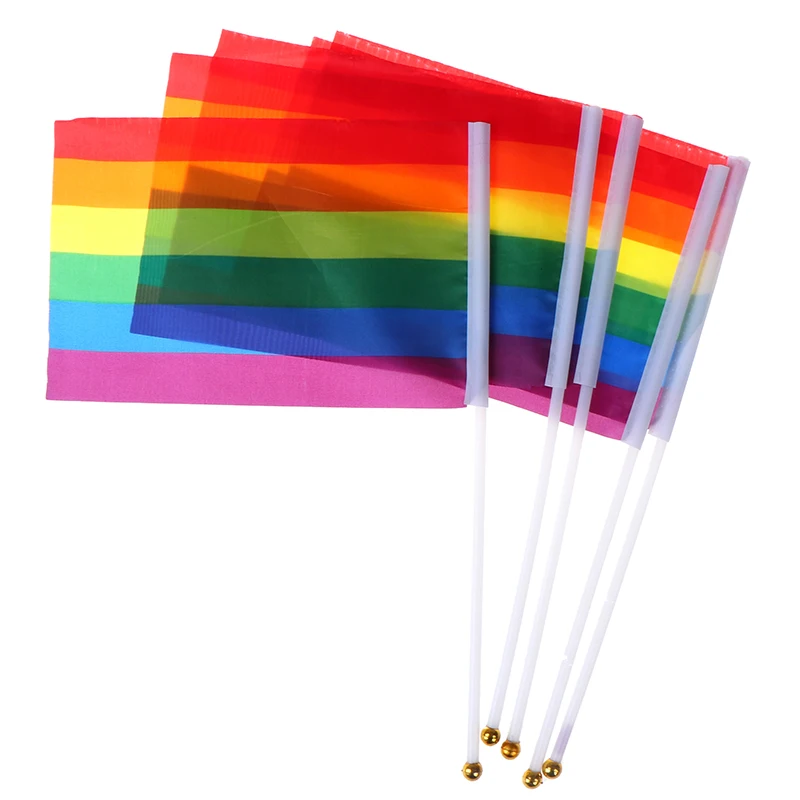 Bandera de arco iris de mano para decoración de jardín, minibanderas de escritorio de 20x14cm, 5 piezas, para fiesta de orgullo, con palo pequeño blanco