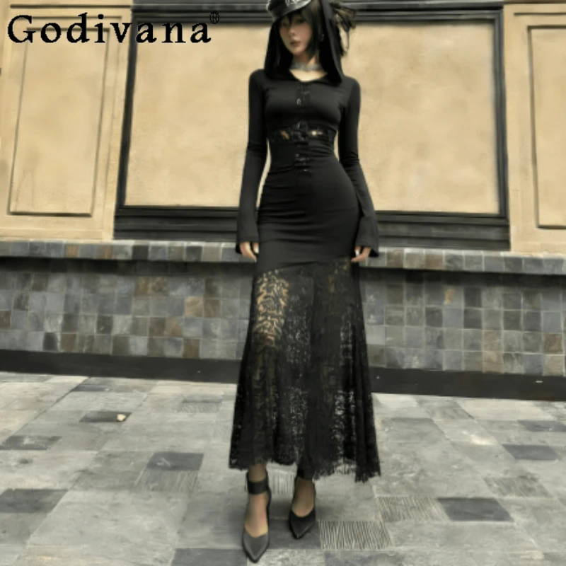 

Spring Autumn New Dark Style Lace Splicing Long Sleeve Hooded Dress Personalized Girl Black Slim Gothic Sexy Fishtail Dresses