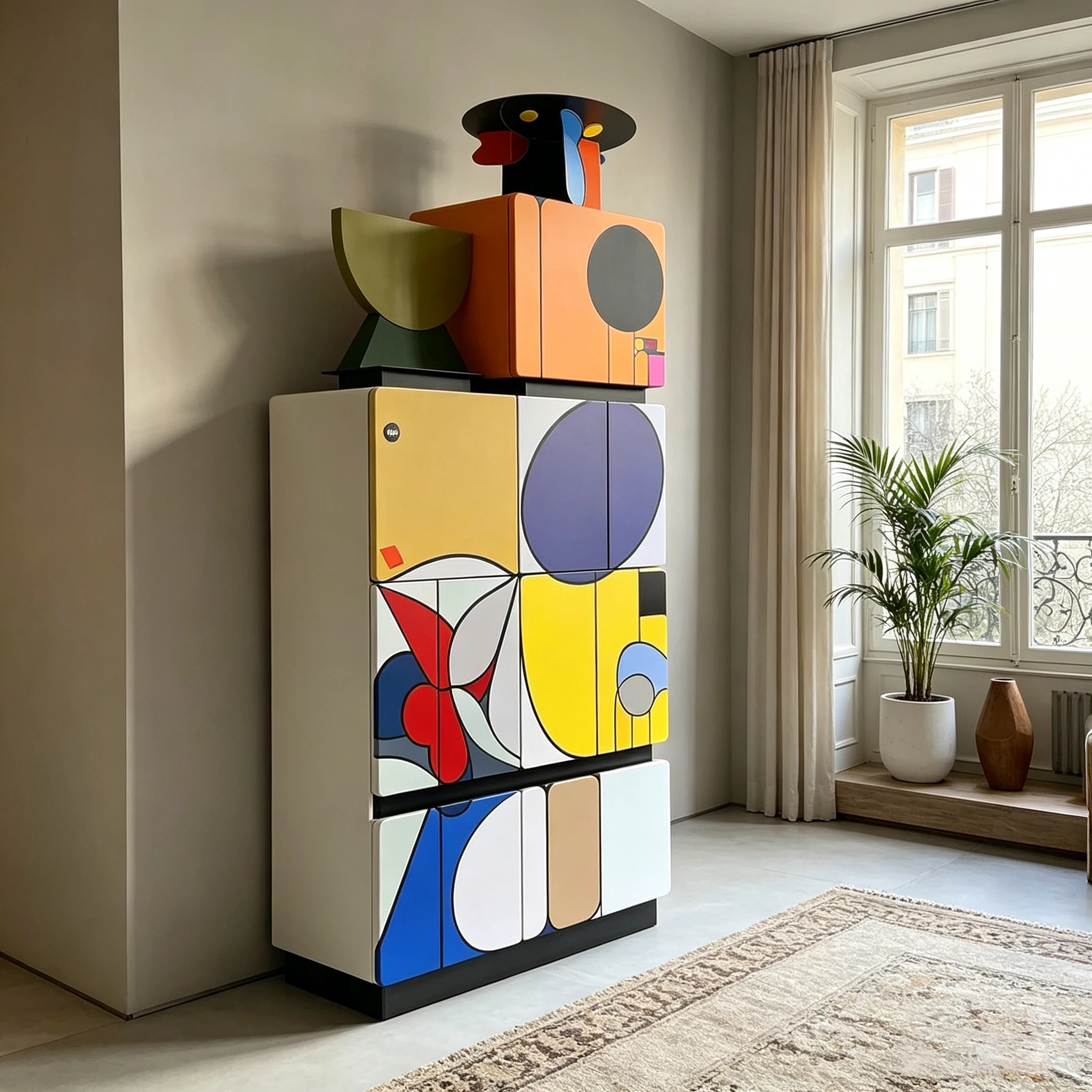 Y*-Modern Bauhaus Abstract Print Tall Accent Cabinet Multi Cube Combination Storage For Showroom Living Room
