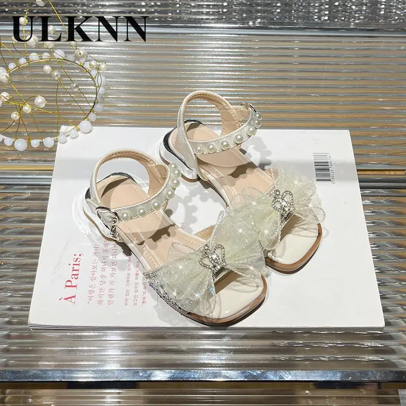

Girls' Sandals 2024 New Square Head Fashionable Kid'sTreasure High Heel Sandals Children's Anti Slip Crystal Princess Shoes