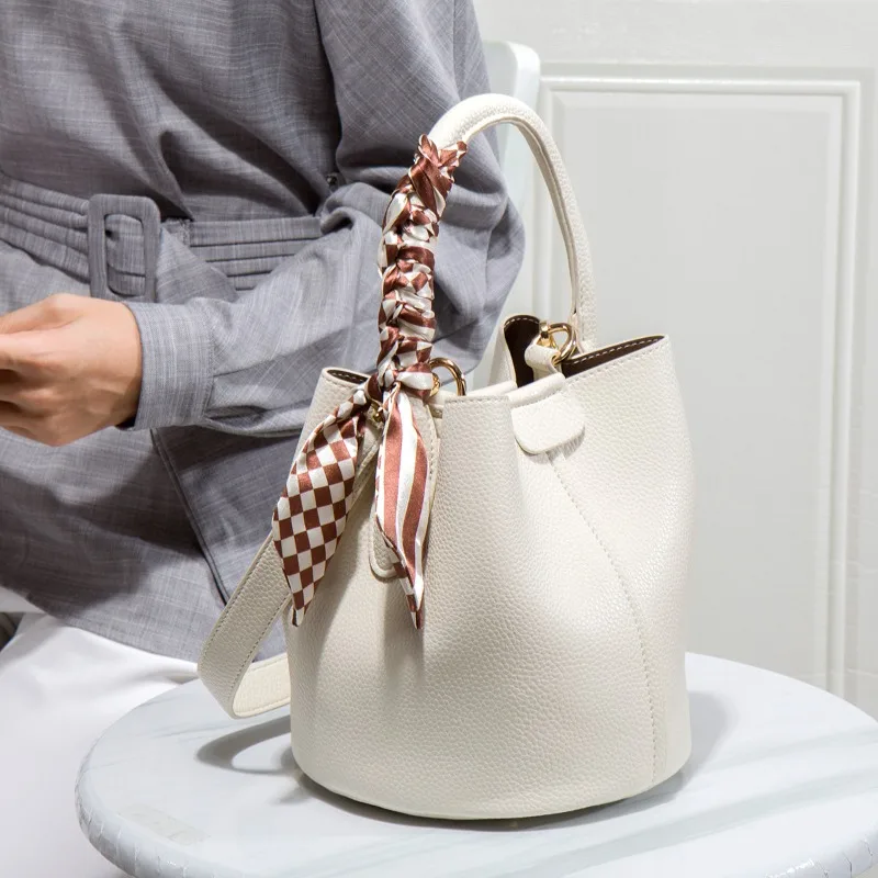 Vintage Bucket Handbag Women Pebbled Texture Silk Scarf Ornament Large Capacity Casual Shoulder Crossbody Bag