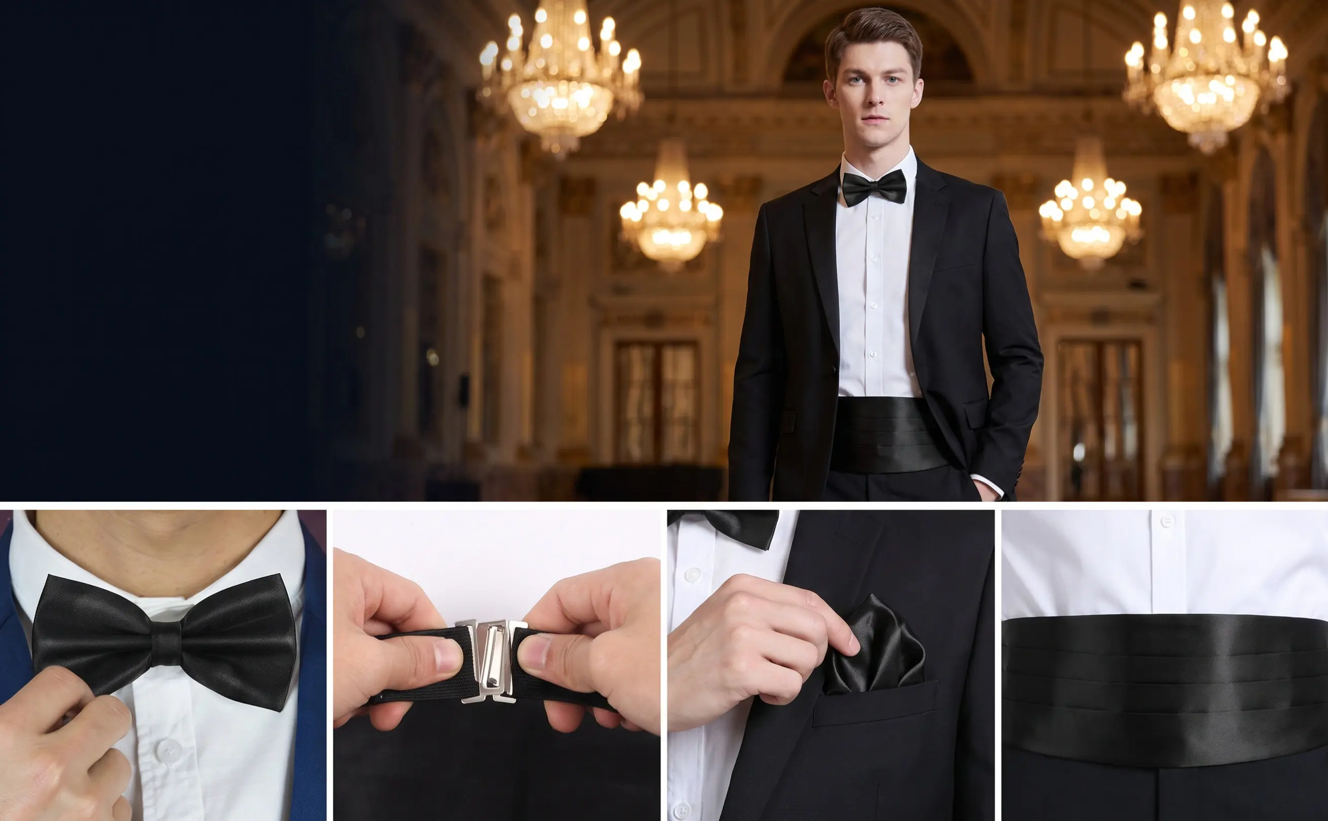 1Set Men Cummerbund Pocket Square Bow Tie Black Adjustable Formal Suit Accessories for Wedding Party Ball Dancing Elegant