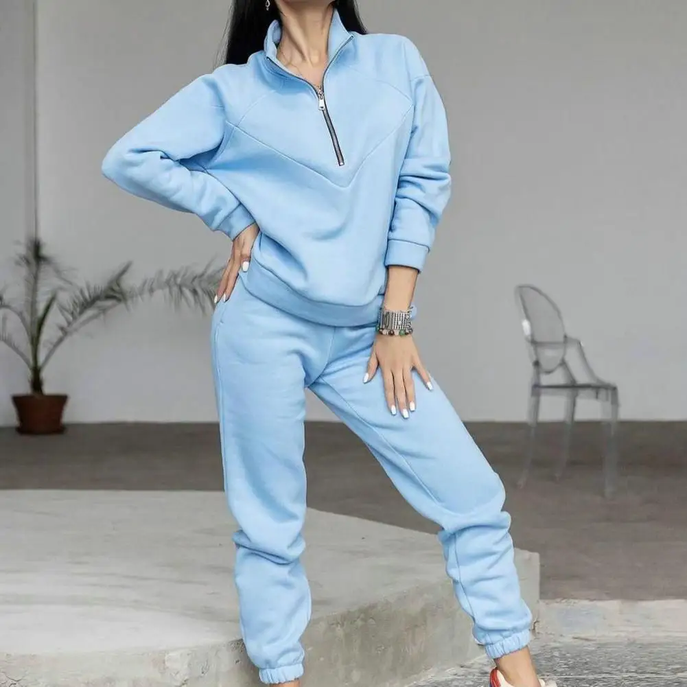 2 Pcs/Set Spring Top Pants Set Women Sweatshirt Pants Set Loose Warm Stand Collar Elastic Waist Women Sports Tracksuit 80%