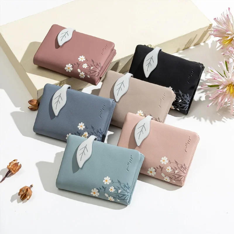 PU Leather Small Short Wallet Leaf Pattern Hasp Ladies Purse Soft Wallets for Women Students Coin Purse Female Zipper Money Bag