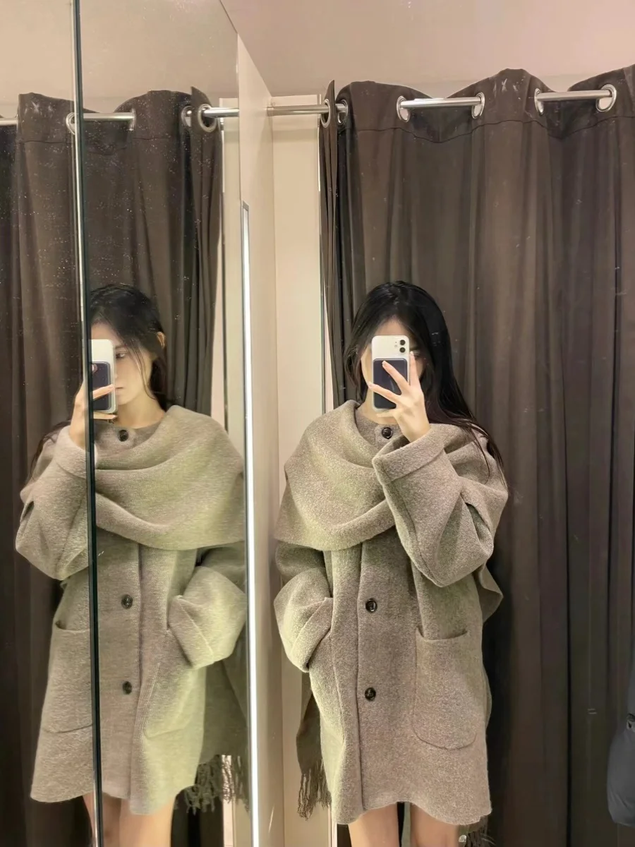 

Зимнее вязаное пальто, женское свободное пальто небольшого размера с шарфом, коричневый капюшон Ne Long Sve Sweet Sle, обычная длина