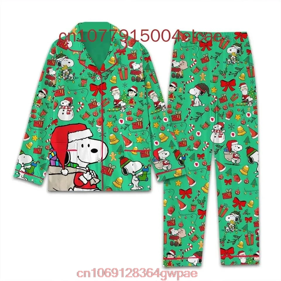 Cartoon Snoopy Christmas Pajama Set Disney Casual Men\'s and Women\'s Long Sleeve Shirt Pajama Set