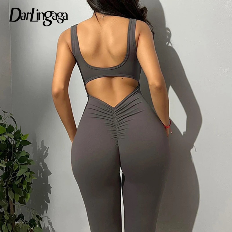 Darlingaga Streetwear Fashion Fitness Gym Jumpsuit Female Sleeveless Backless Folds Sexy Sporty Rompers Bodysuit Flared Trousers