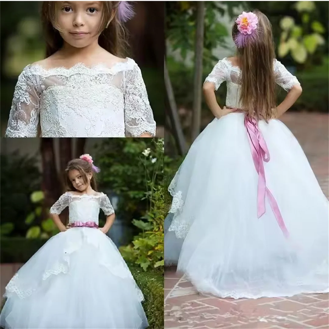 Flower Girls Dress White For Wedding Dresses With Red Belt Sash Half Sleeves Lace Tulle Glitz First Communion Pageant