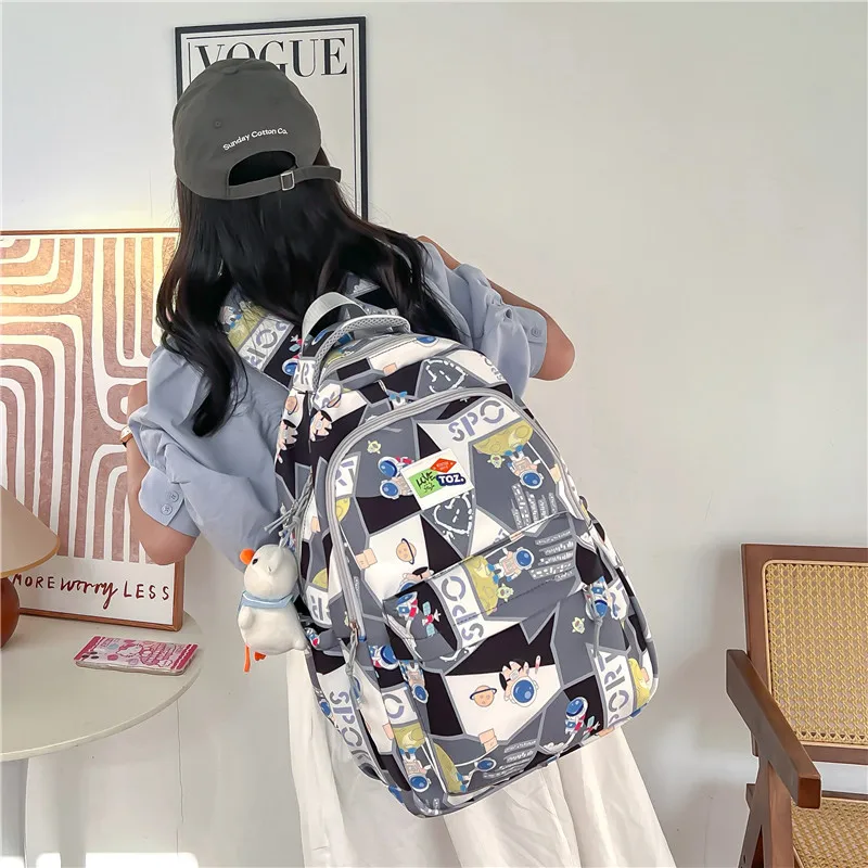 Mochila de estudante estampada, contraste de cor, bolsa de escola adolescente, grande capacidade, casual, novo, na moda, 2023