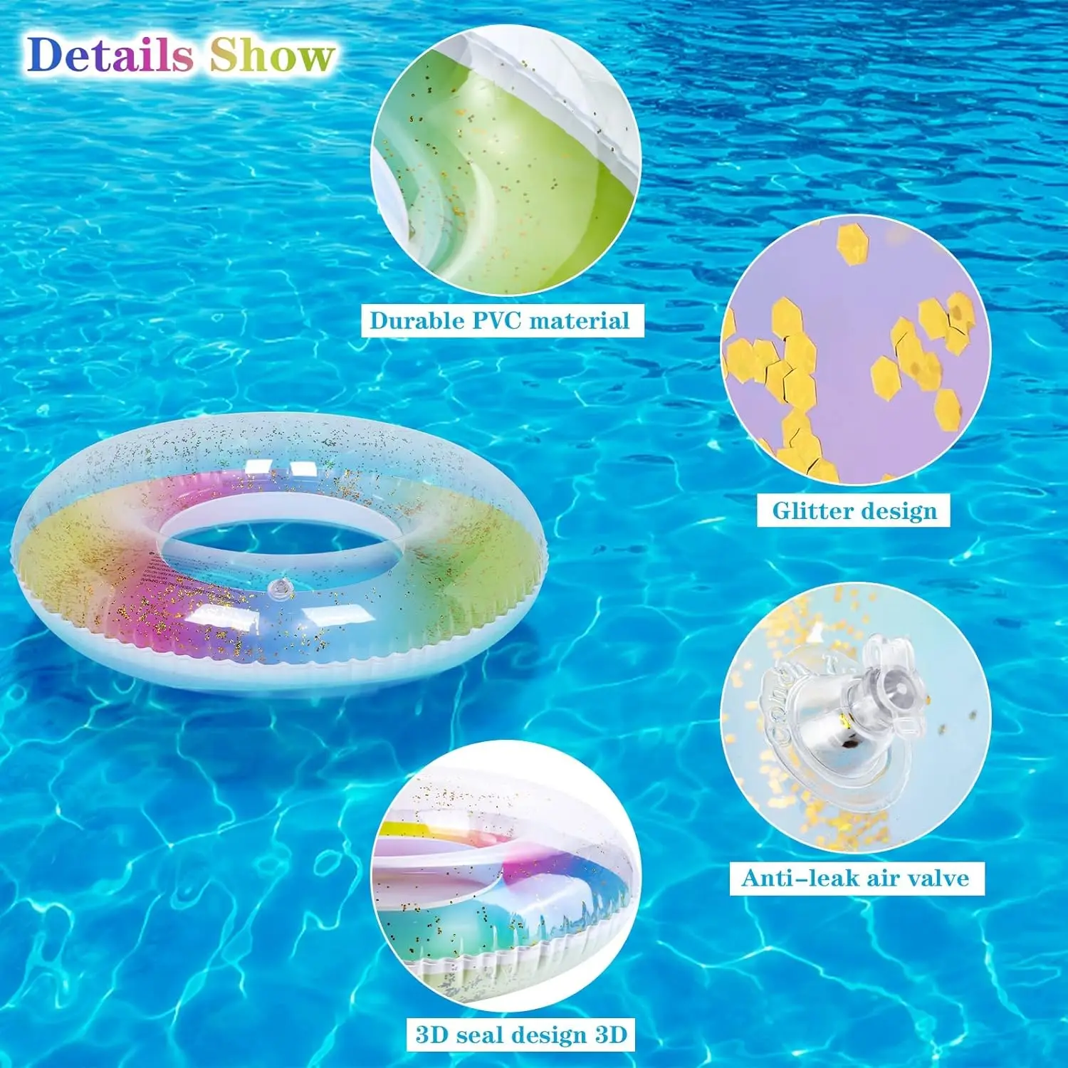 6 Packs Pool Floats Inflatable Pool Floats Colorful Sparkling Glitter Swim Rings with Sequined Beach Ball and Pump for Beach Par
