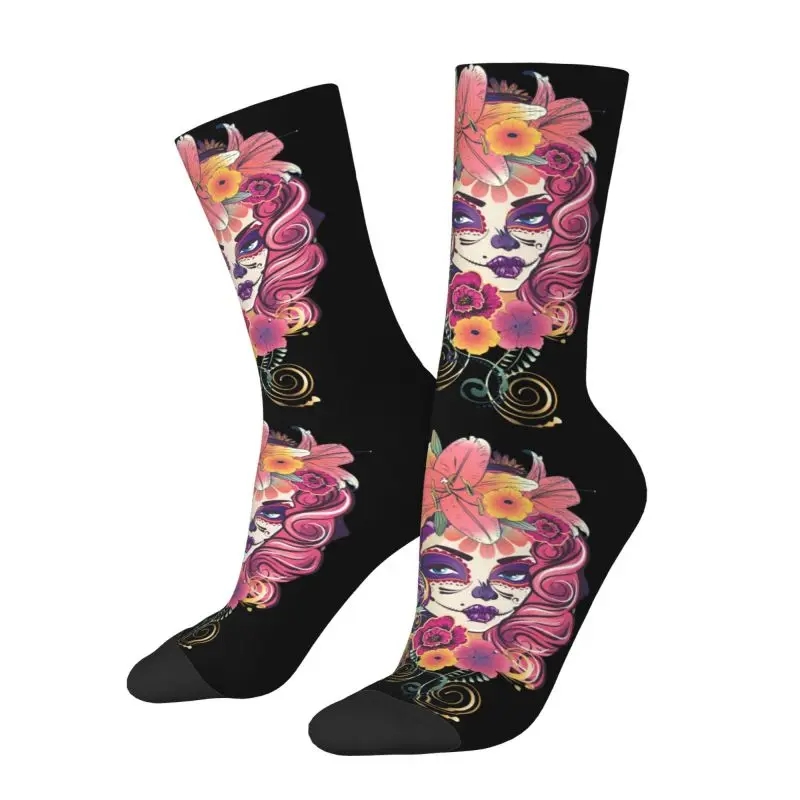 Kawaii Men's Calavera Girl With Flowers Sugar Skull Dress Socks Unisex Breathbale Warm 3D Printed Day Of The Dead Crew Socks